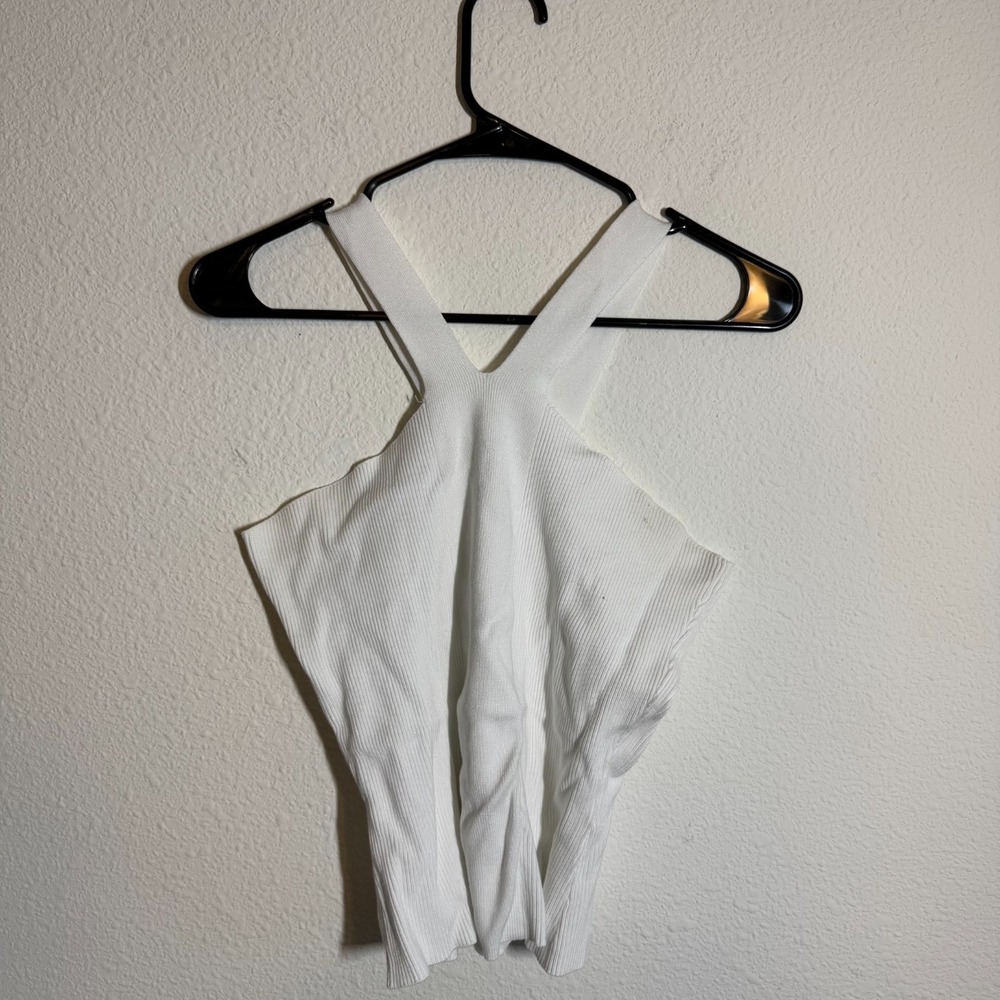 Cache Camisole Tank Top‎ Womens XS White Knit Ribbed Wide Strap V-Neck Pullover
